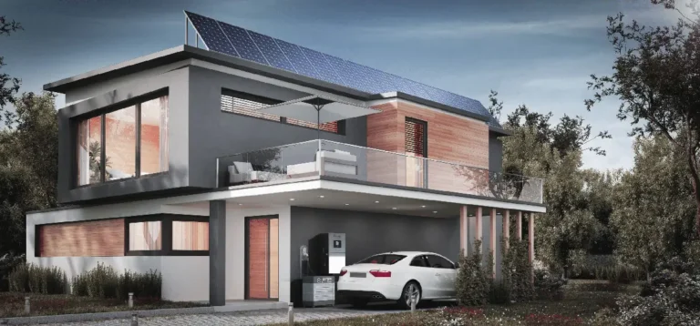 Modern home with solar panels on flat roof