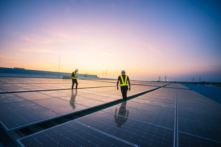 Two workers inspecting a commercial solar panel system